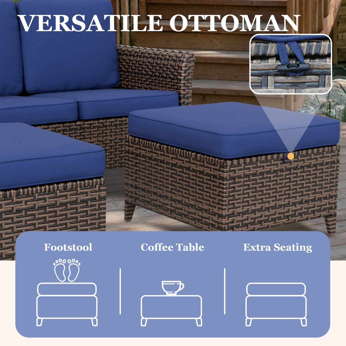 Ocean Vista Wicker Outdoor Patio Furniture Set, Couch Swivel Rocking Chairs Ottomans Table, 6 Piece - Eagle Peak