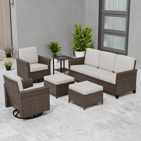 Ocean Vista Wicker Outdoor Patio Furniture Set, Couch Swivel Rocking Chairs Ottomans Table, 6 Piece - Eagle Peak