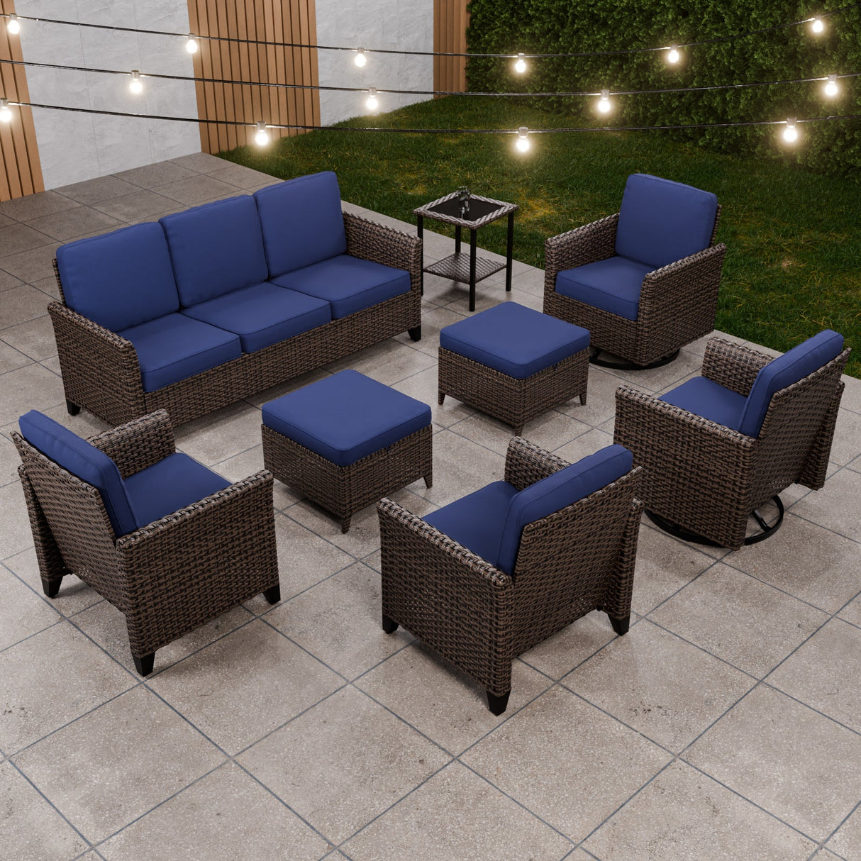 Ocean Vista Wicker Outdoor Patio Furniture Set, Patio and Swivel Chairs Couch Ottomans Table, 8 Piece, Beige/Blue - Eagle Peak