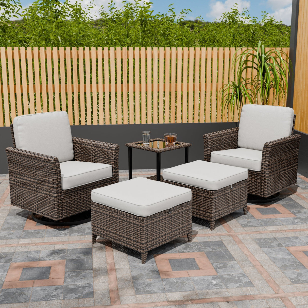 Ocean Vista Wicker Outdoor Patio Seating Set w/Swivel Rocking Chairs, 5 Pieces - Eagle Peak