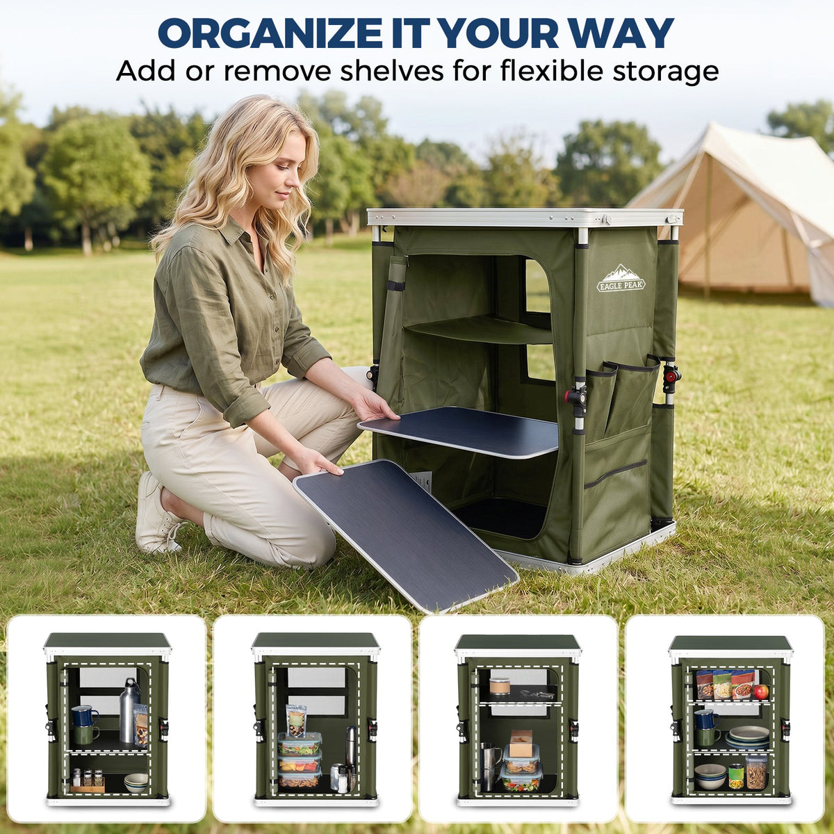 Outdoor Camping Pop Up Folding Table with Large 3-Tier Storage Organizer and Side Pockets - Eagle Peak®