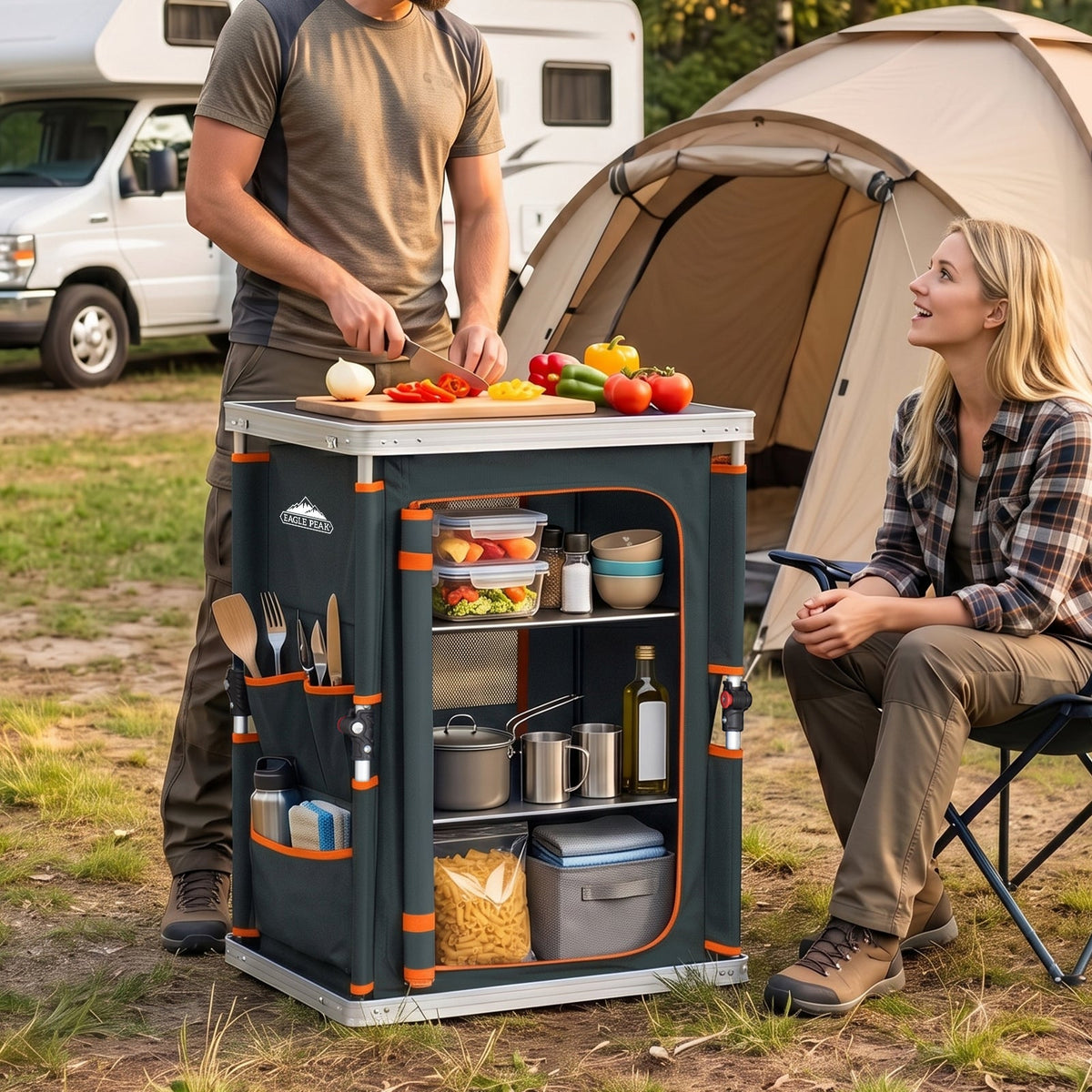Outdoor Camping Pop Up Folding Table with Large 3-Tier Storage Organizer and Side Pockets - Eagle Peak®
