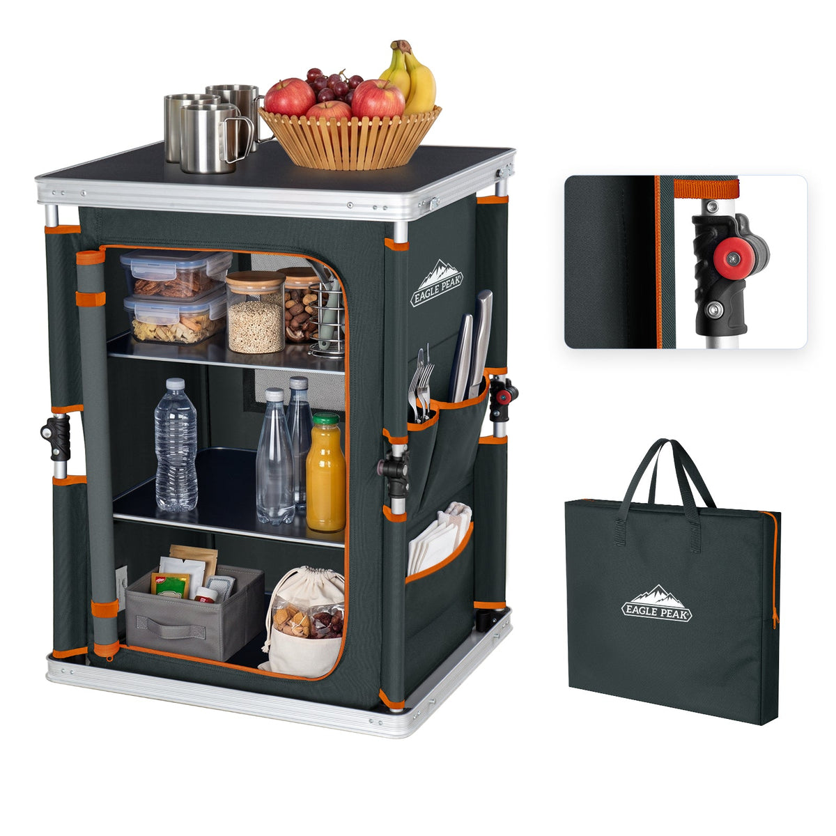 Outdoor Camping Pop Up Folding Table with Large 3-Tier Storage Organizer and Side Pockets - Eagle Peak®