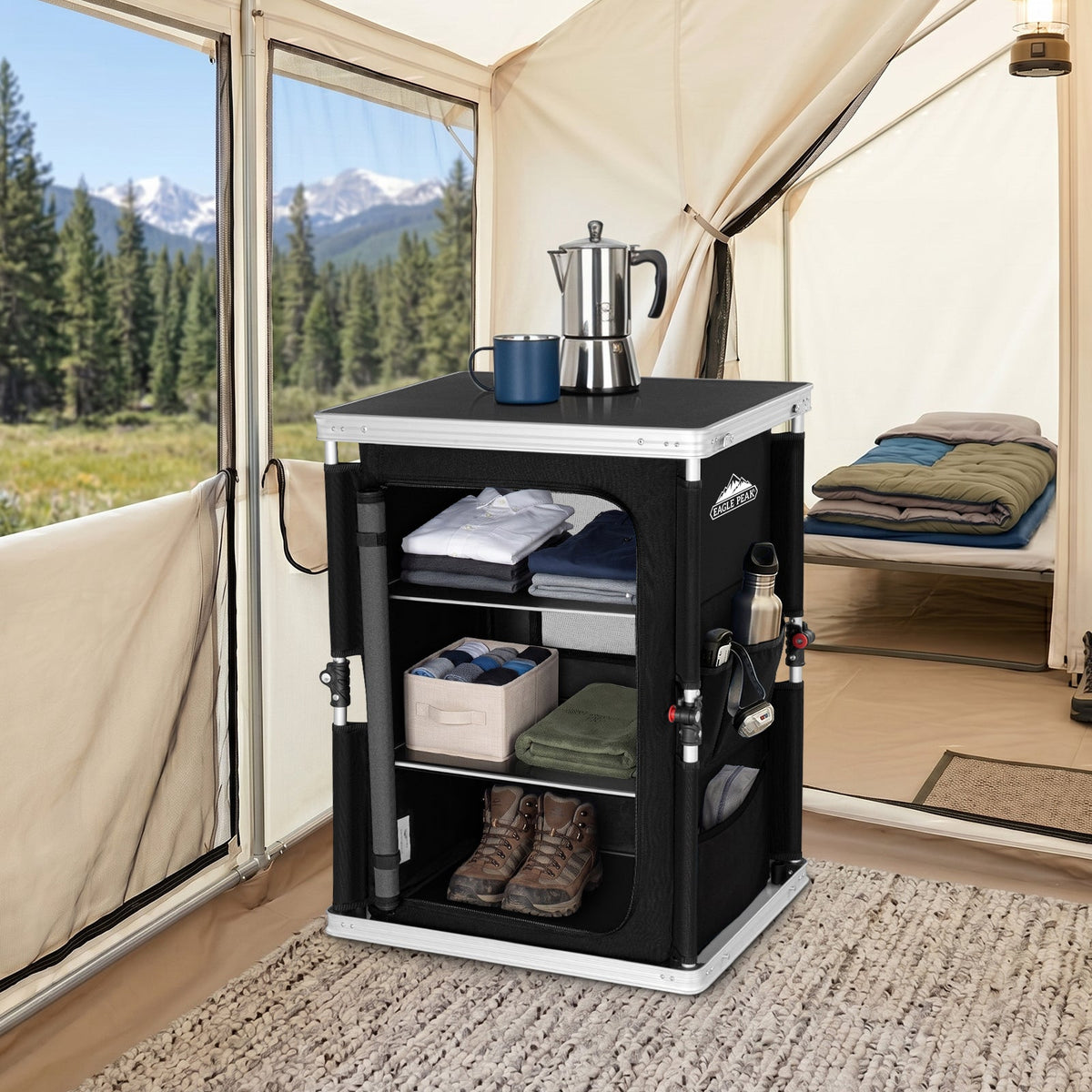 Outdoor Camping Pop Up Folding Table with Large 3-Tier Storage Organizer and Side Pockets - Eagle Peak®