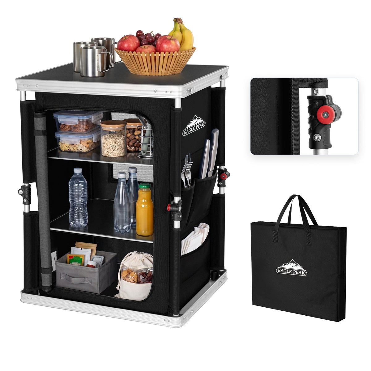 Outdoor Camping Pop Up Folding Table with Large 3-Tier Storage Organizer and Side Pockets - Eagle Peak®