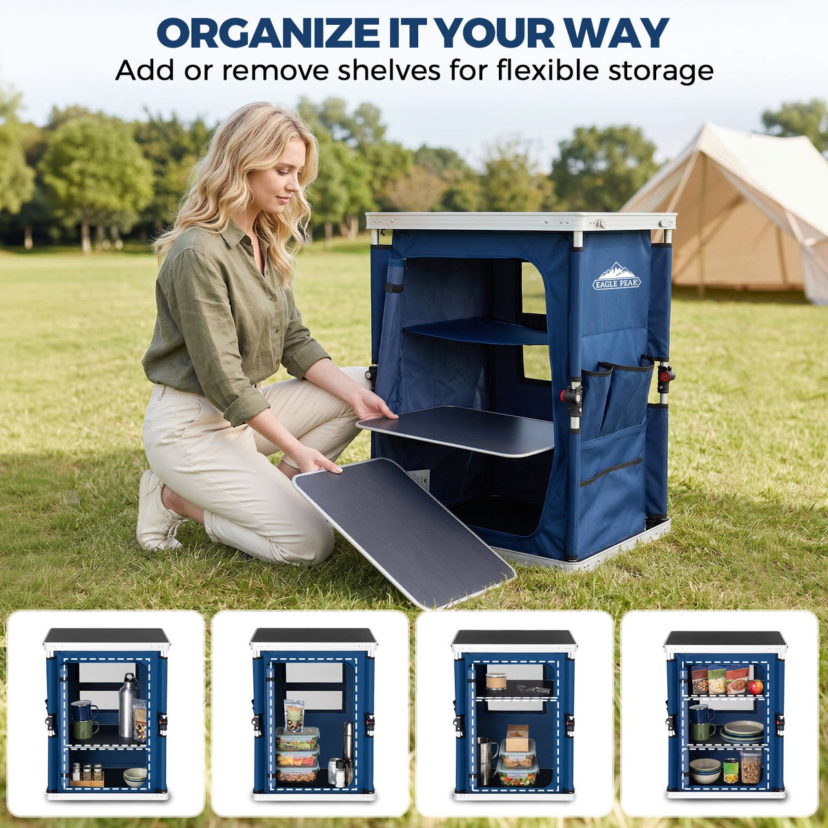 Outdoor Camping Pop Up Folding Table with Large 3-Tier Storage Organizer and Side Pockets - Eagle Peak®