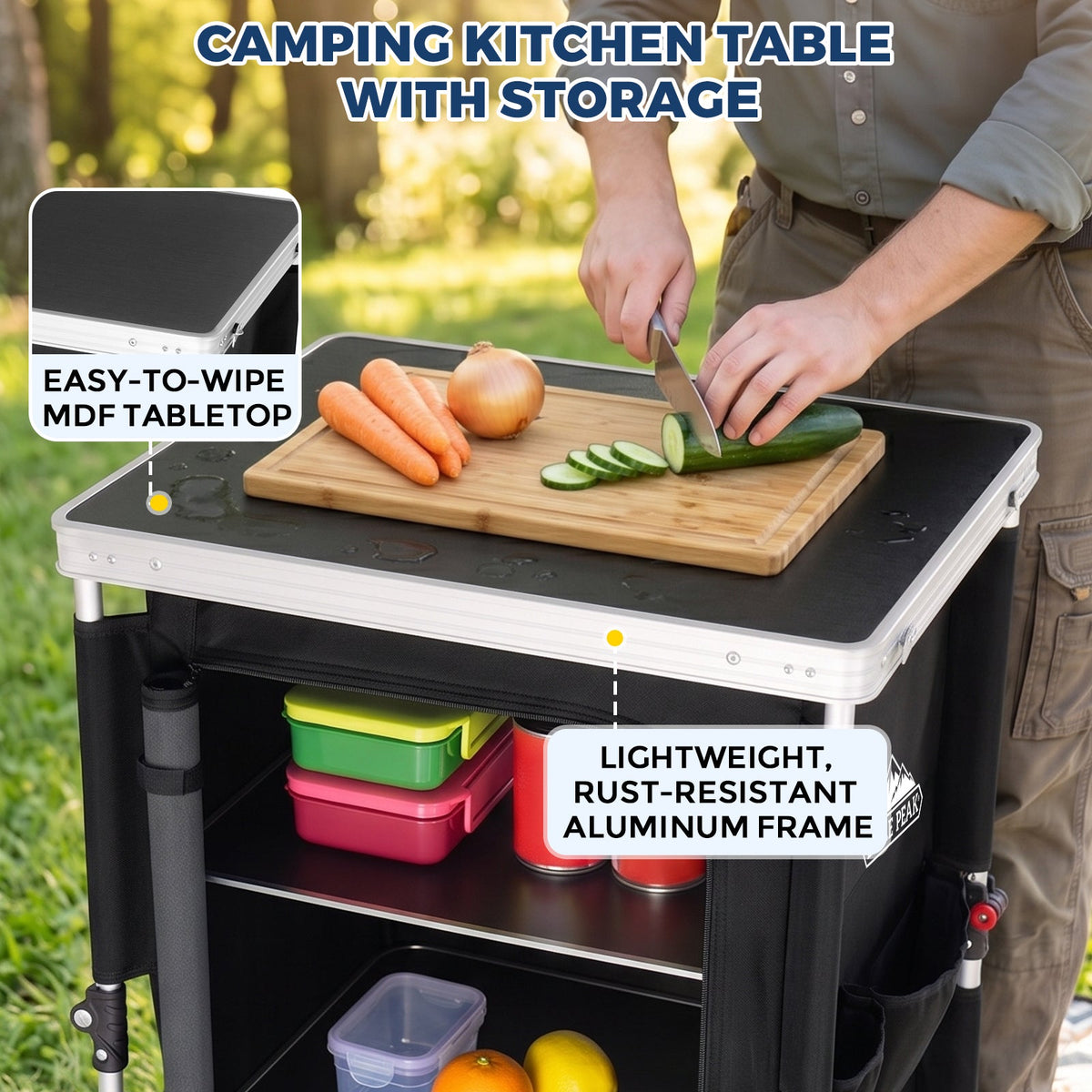 Outdoor Camping Pop Up Folding Table with Large 3-Tier Storage Organizer and Side Pockets - Eagle Peak®