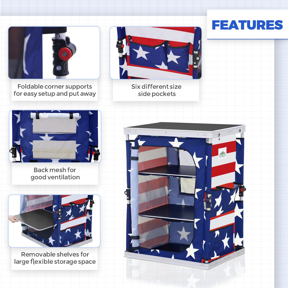 Outdoor Camping Pop Up Folding Table with Large 3 - Tier Storage Organizer and Side Pockets - Eagle Peak Custom Canopy Tent