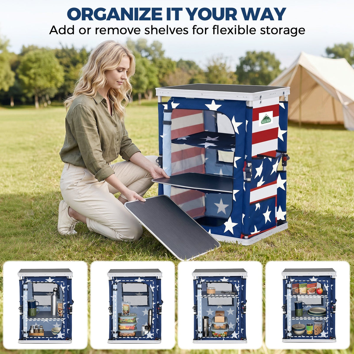 Outdoor Camping Pop Up Folding Table with Large 3-Tier Storage Organizer and Side Pockets - Eagle Peak®