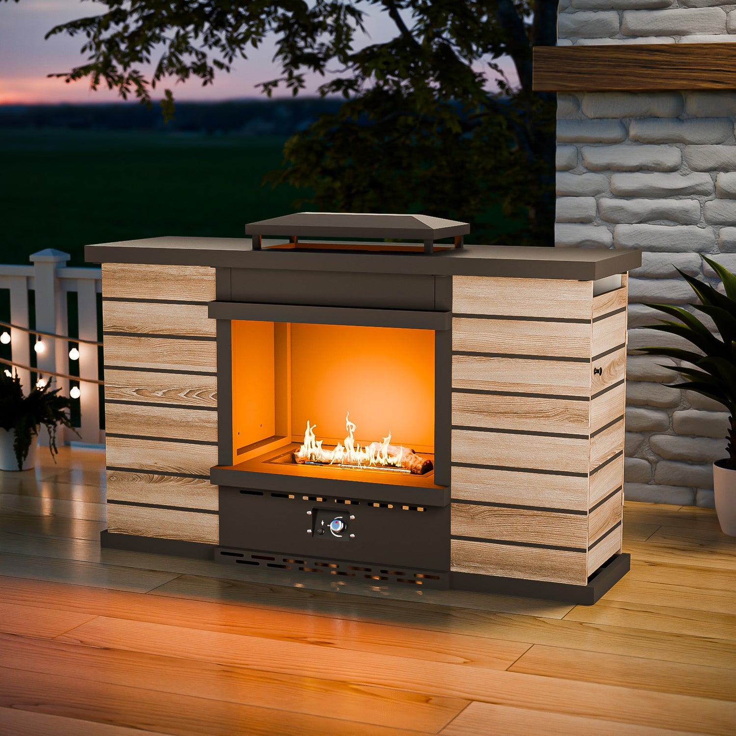 Outdoor Propane Fireplace with Hidden Storage & Adjustable Flame, Gray/Tan