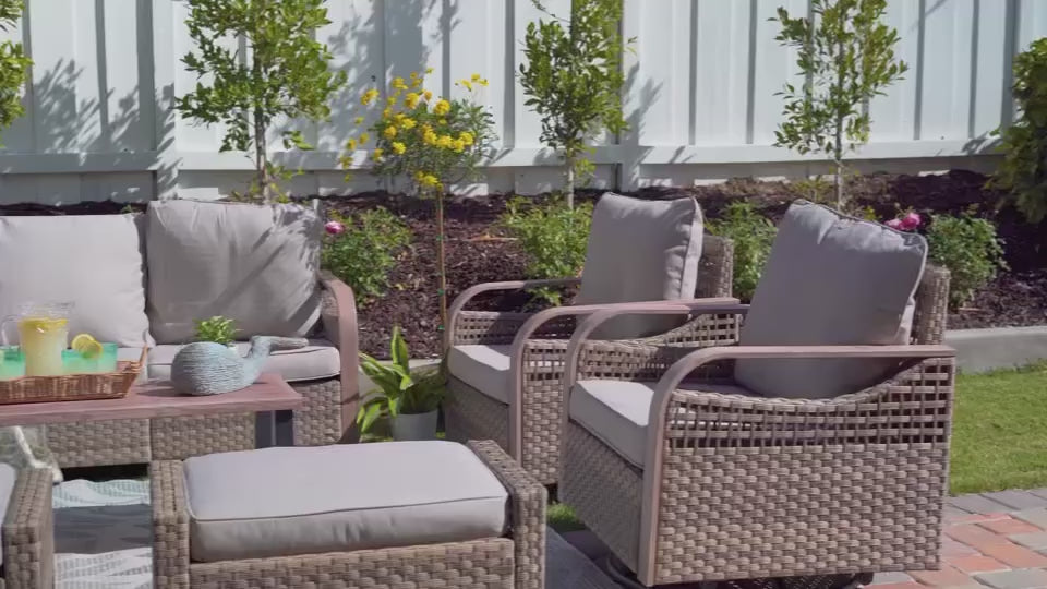 Modern Wicker Outdoor Patio Furniture Set,2 Swivel Rocking Chairs, 3-Seat Loveseat, 2 Ottomans and Coffee Table, 6 Pieces, Brown/Gray