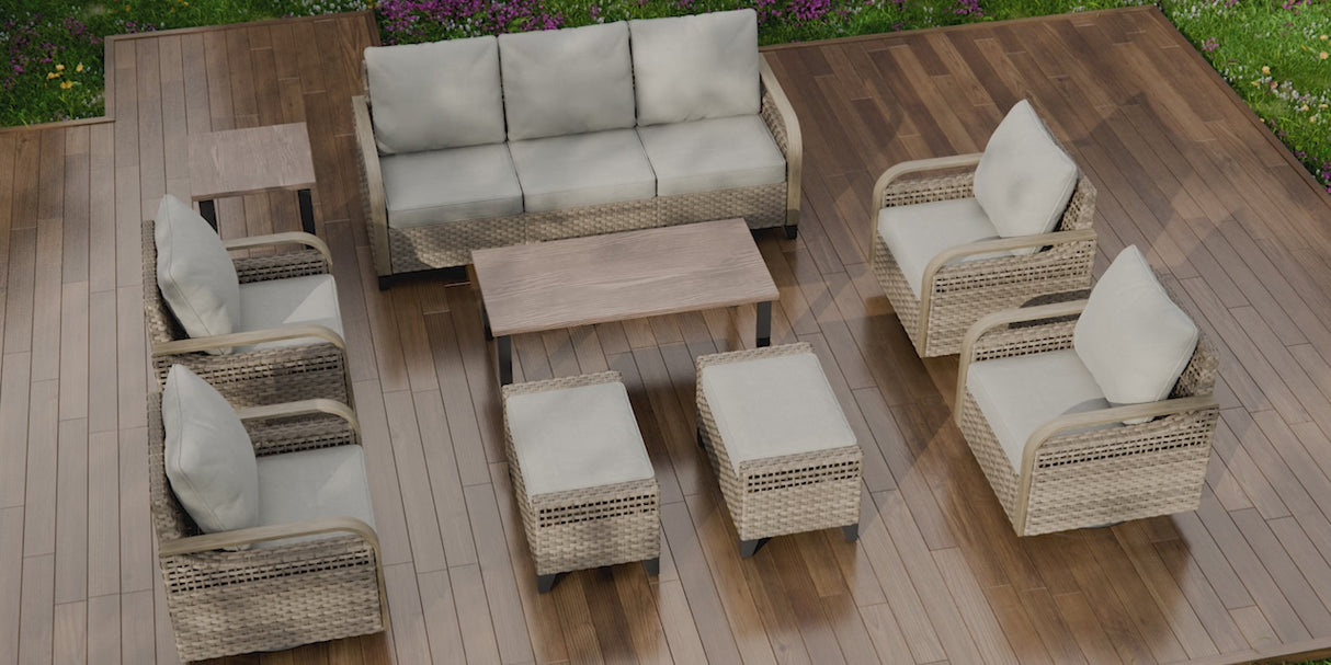 Modern Wicker Outdoor Patio Furniture Set,2 Swivel Rocking Chairs, 3-Seat Loveseat, 2 Ottomans and Coffee Table, 6 Pieces, Brown/Gray