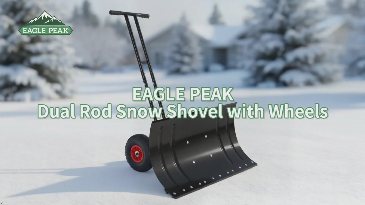 Wheeled Snow Shovel for Driveway 29”x16.5” Blade, Single/Dual Rod
