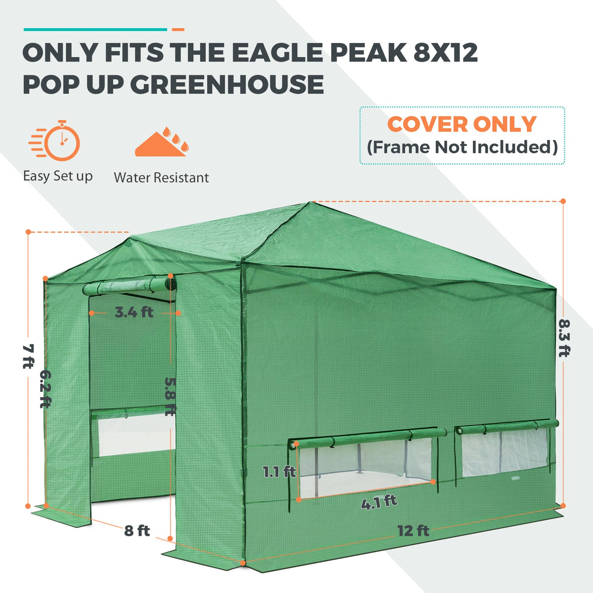 Replacement Cover for 12x8 Portable Walk - in Pop up Greenhouse - Eagle Peak