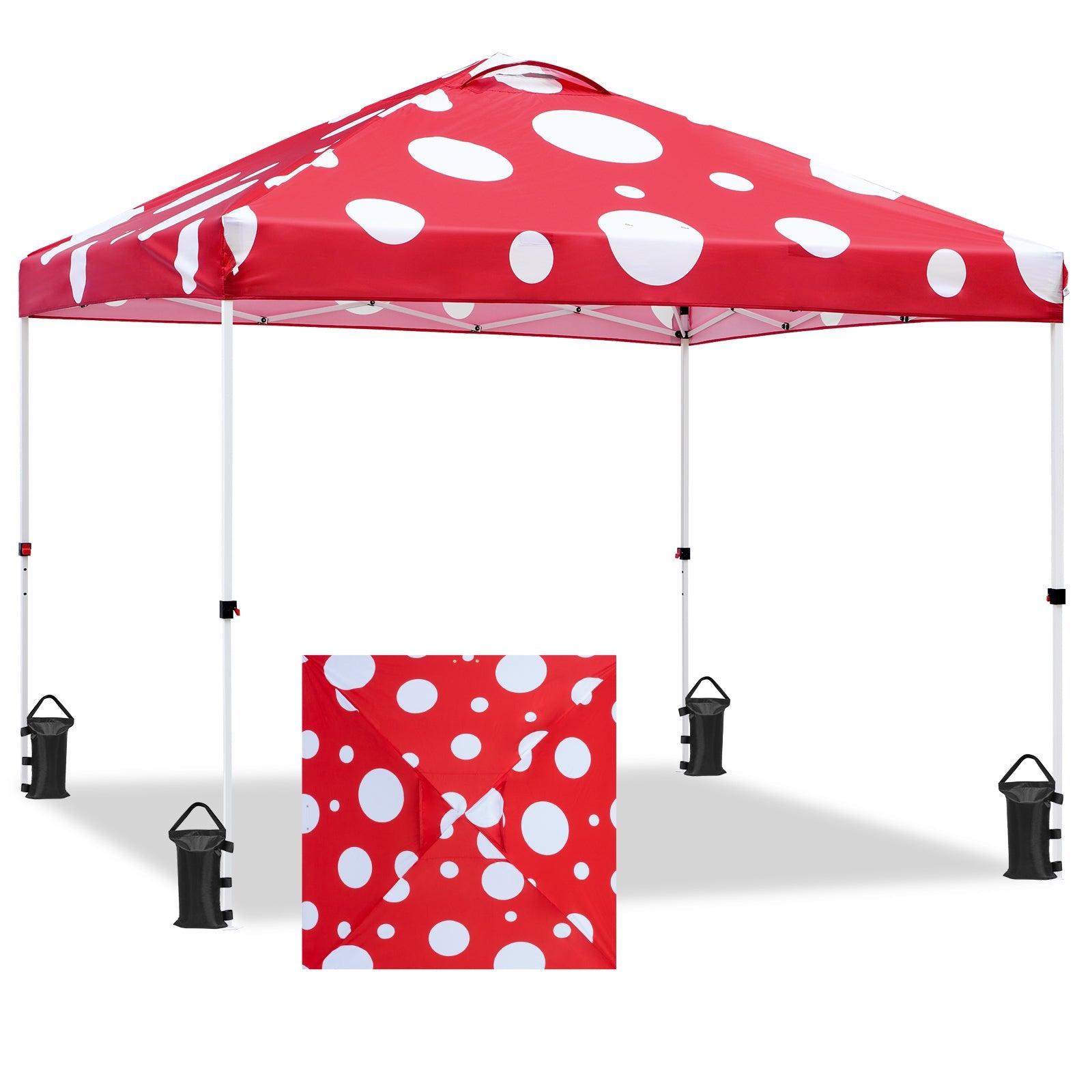 mushroom tent setup EAGLE PEAK Pop Up 10x10 ft Canopy Tent with Wheeled Carry Bag, Red Mushroom