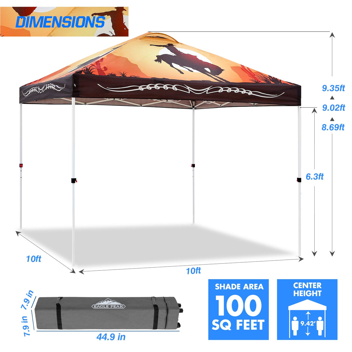 SHADE GRAPHiX Easy Setup 10x10 Pop Up Canopy Tent with Digital Printed Cowboy - Eagle Peak Custom Canopy Tent