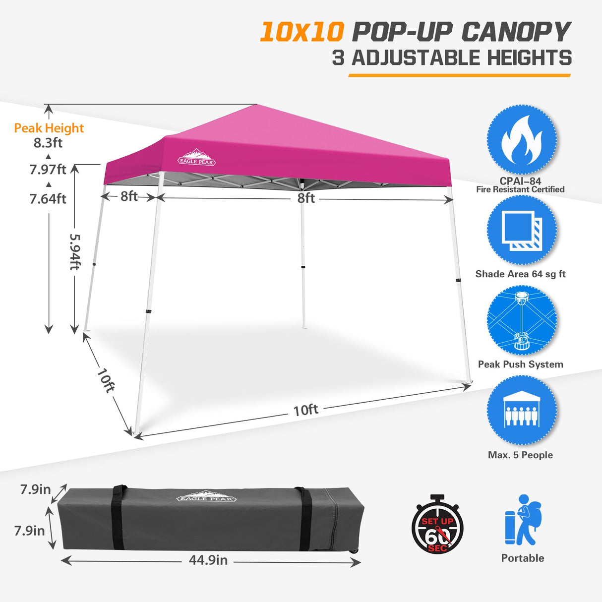Slant Leg Pop up Canopy Tent, 10x10 Base 8x8 Top - Eagle Peak®