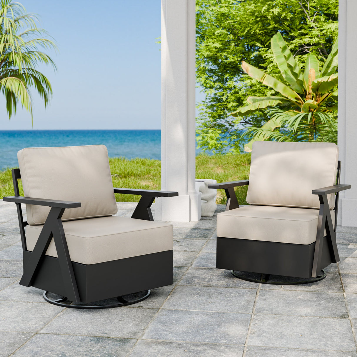 Urban Slate Modern Swivel Rocker Patio Chair Set of 2/4, Black/Beige - Eagle Peak Custom Canopy Tent