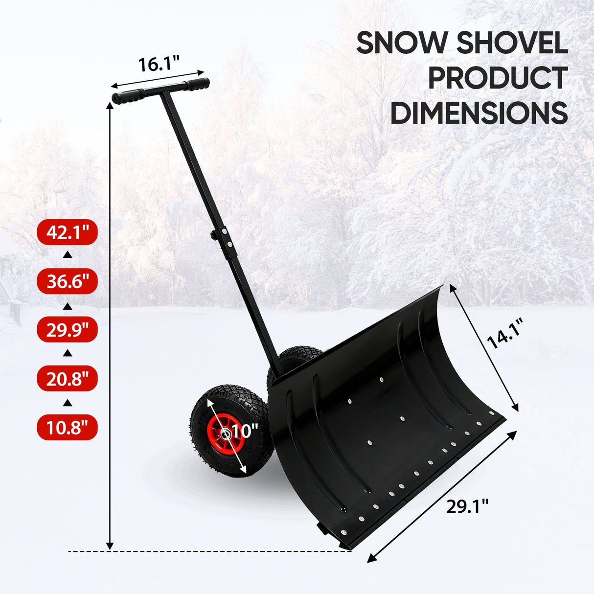 Wheeled Snow Shovel for Driveway 29”x16.5” Blade, Single/Dual Rod - Eagle Peak Custom Canopy Tent