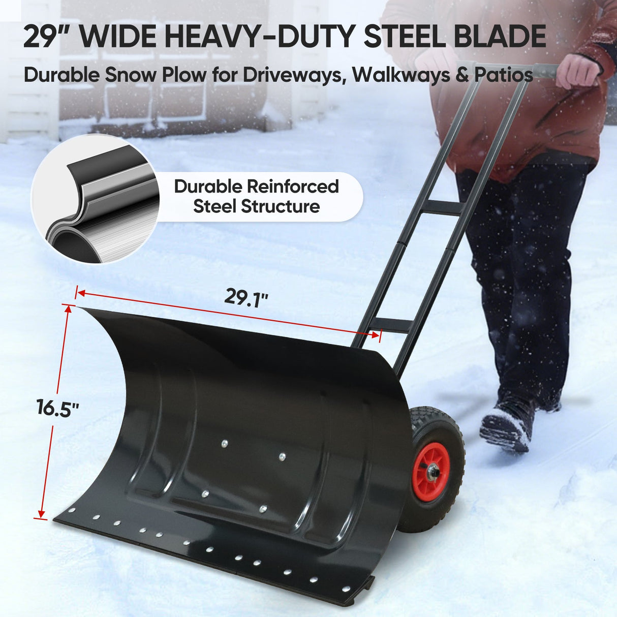 Wheeled Snow Shovel for Driveway 29”x16.5” Blade, Single/Dual Rod - Eagle Peak Custom Canopy Tent