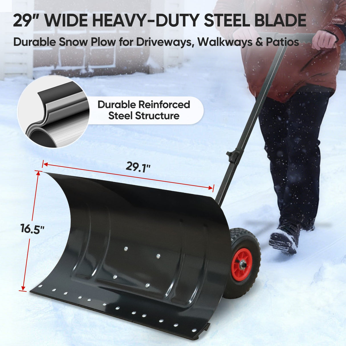 Wheeled Snow Shovel for Driveway 29”x16.5” Blade, Single/Dual Rod - Eagle Peak Custom Canopy Tent