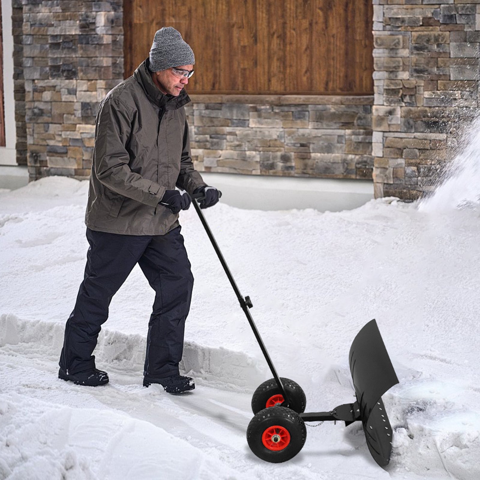 Wheeled Snow Shovel for Driveway 29”x16.5” Blade, Single/Dual Rod