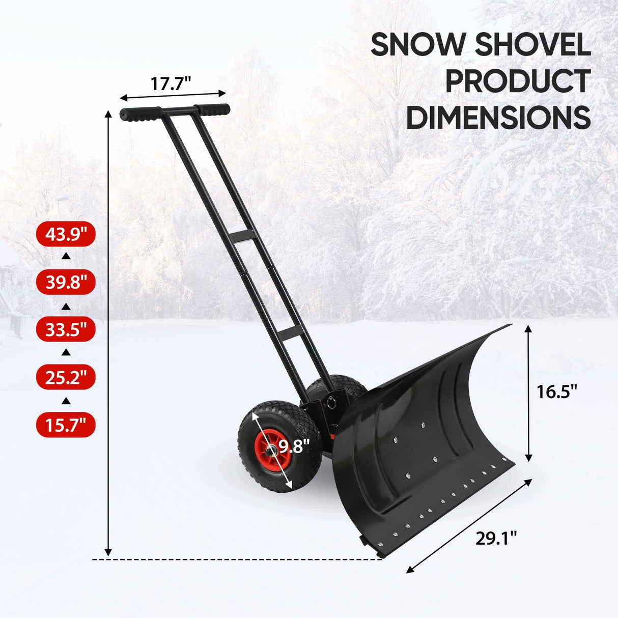 Wheeled Snow Shovel for Driveway 29”x16.5” Blade, Single/Dual Rod - Eagle Peak Custom Canopy Tent