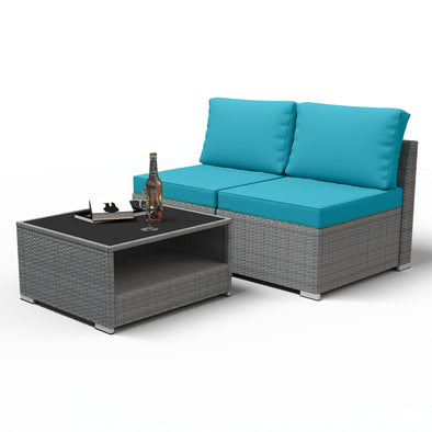 EAGLE PEAK 3 Piece Outdoor Armless Wicker Sofa Set, Outdoor Patio Armless Chairs with Removable Cushions and Coffee Table, Sectional Wicker Loveseat Sofa