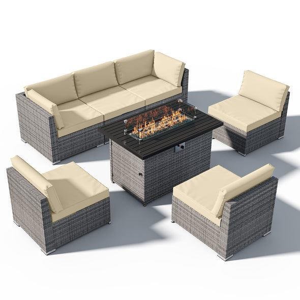 EAGLE PEAK 7 Piece Outdoor Wicker Patio Furniture Set with Fire Table, Outdoor PE Rattan Sectional Conversation Set with Seating for 6 People