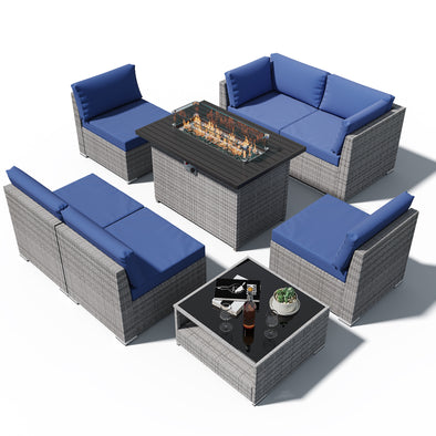 EAGLE PEAK 8 Piece Outdoor Wicker Patio Furniture Set with Fire Table and Coffee Table, PE Rattan Sectional Conversation Sofa Set with Seating for 6 People