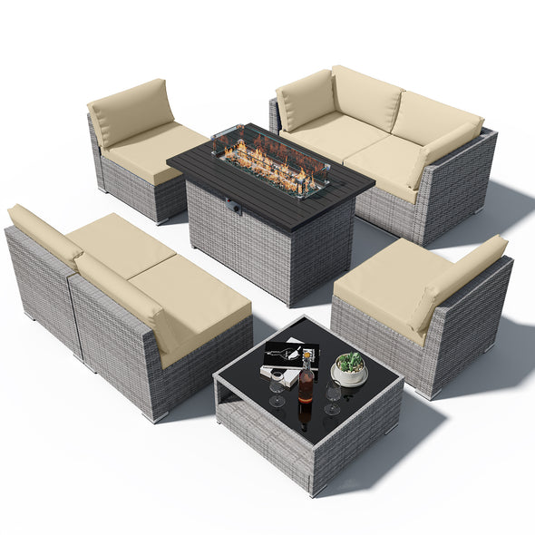 EAGLE PEAK 8 Piece Outdoor Wicker Patio Furniture Set with Fire Table and Coffee Table, PE Rattan Sectional Conversation Sofa Set with Seating for 6 People