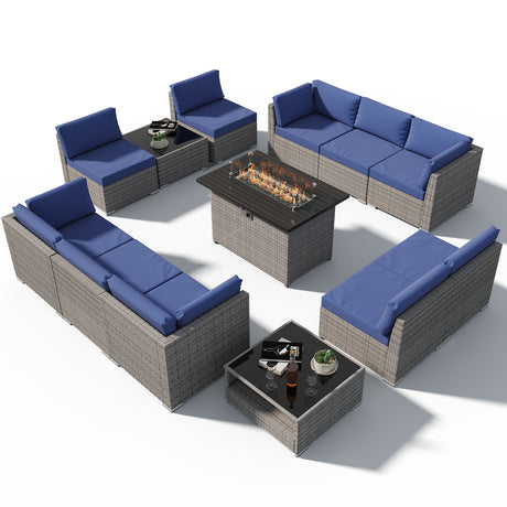 EAGLE PEAK 13 Piece Outdoor Wicker Patio Furniture Set with Fire Table and 2 Coffee Tables, PE Rattan Sectional Conversation Sofa Set with Seating for 10 People