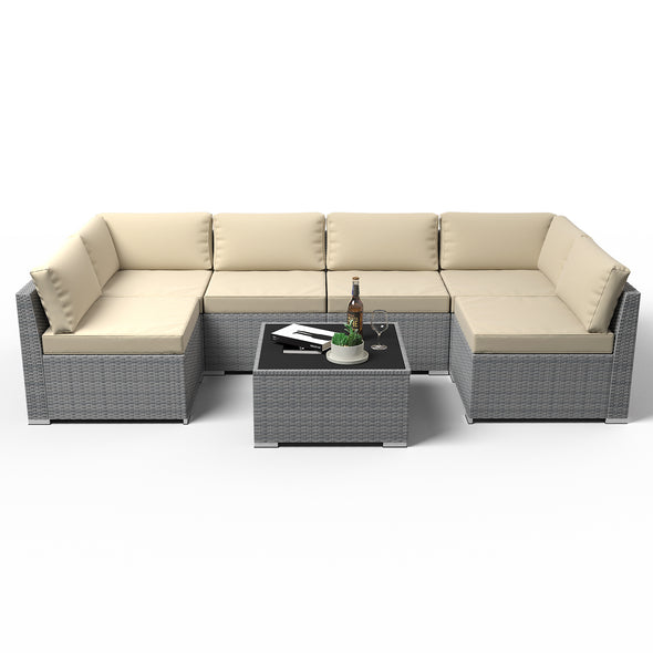 EAGLE PEAK 7 Piece Outdoor Wicker Patio Furniture Set with Coffee Table, Outdoor PE Rattan Sectional Conversation Set with Seating for 6 People