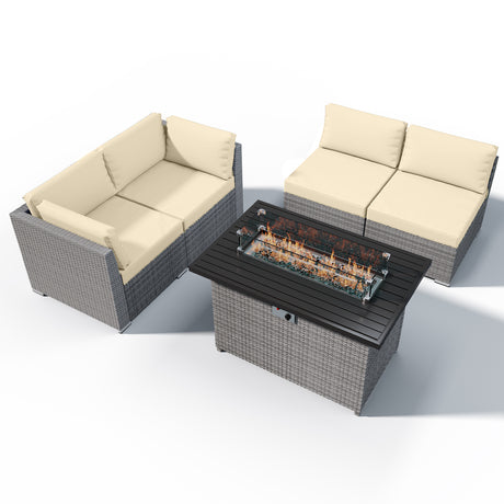 EAGLE PEAK 5 Piece Outdoor Wicker Patio Furniture Set with Fire Table, PE Rattan Sectional Conversation Sofa Set with Seating for 4 People