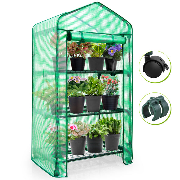 EAGLE PEAK Mini Rolling Greenhouse w/ Caster Wheels, 3-Tier or 4-Tier Portable Rack Shelves Gardening Plant Green House for Outdoor & Indoor with Roll-Up Zipper Door