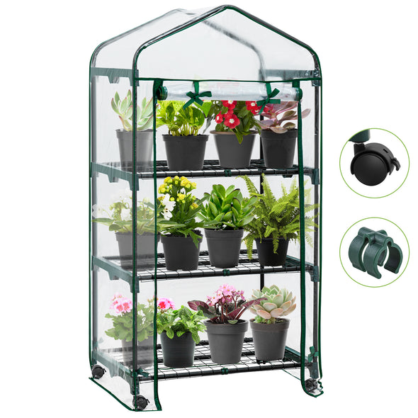 EAGLE PEAK Mini Rolling Greenhouse w/ Caster Wheels, 3-Tier or 4-Tier Portable Rack Shelves Gardening Plant Green House for Outdoor & Indoor with Roll-Up Zipper Door