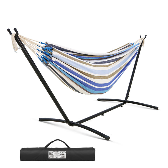 EAGLE PEAK Easy Setup Double Hammock with Stand, 9 FT Space Saving Steel Stand Includes Portable Carrying Bag