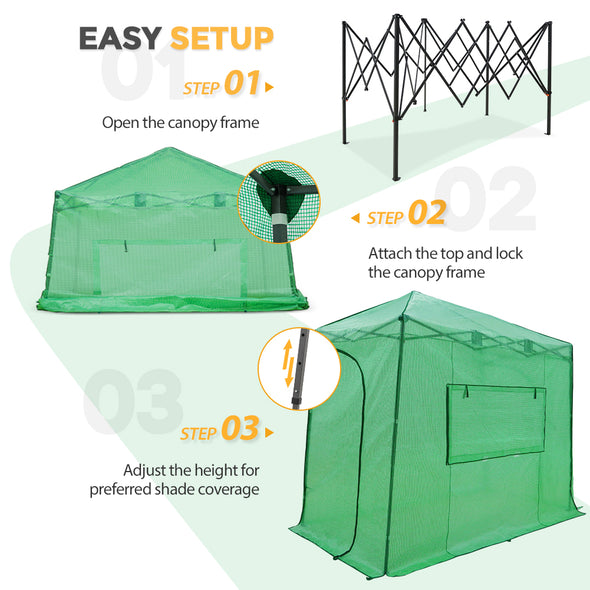 EAGLE PEAK 10x5 Portable Lean to Walk-in Greenhouse Instant Pop-up Fast Setup Indoor Outdoor Plant Gardening Green House Canopy, Front and Rear Roll-Up Zipper Entry Doors and Roll-Up Side Windows