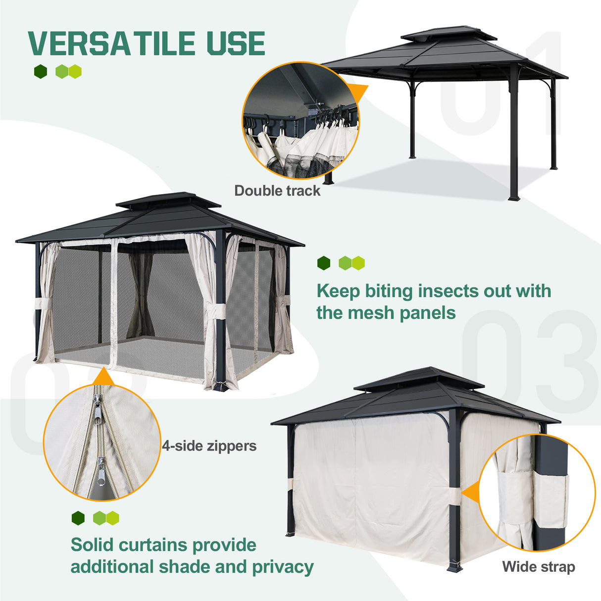 EAGLE PEAK 12x14 Outdoor Permanent Double Roof Hardtop Gazebo with Arched Corner Steel Frame, Mosquito Mesh Netting and Light Beige Privacy Curtains, Backyard Patio Garden Gazebo Pavilion, Black
