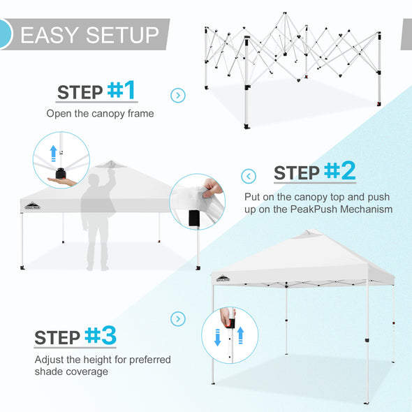 EAGLE PEAK 10x10 Commercial Ez Pop Up Canopy Tent Instant MarketPlace Canopies with Wheeled Roller Carry Bag, Bonus 4 Sand Bags, White