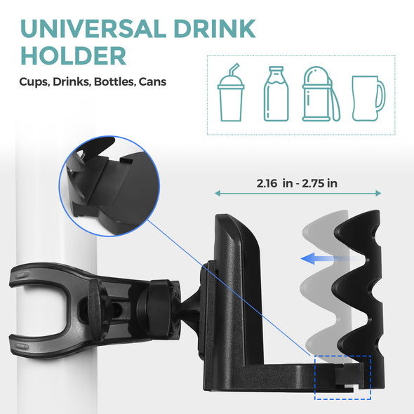 EAGLE PEAK Universal Drink Holder, Adjustable Cup Holder for Pop Up Canopy or Gazebo, Stroller, Bikes, Trolleys, Toddler, Walkers, Boats, and Sailboats, 360 Degree Rotation, Fits Most Cups and Bottles, Gray/Black
