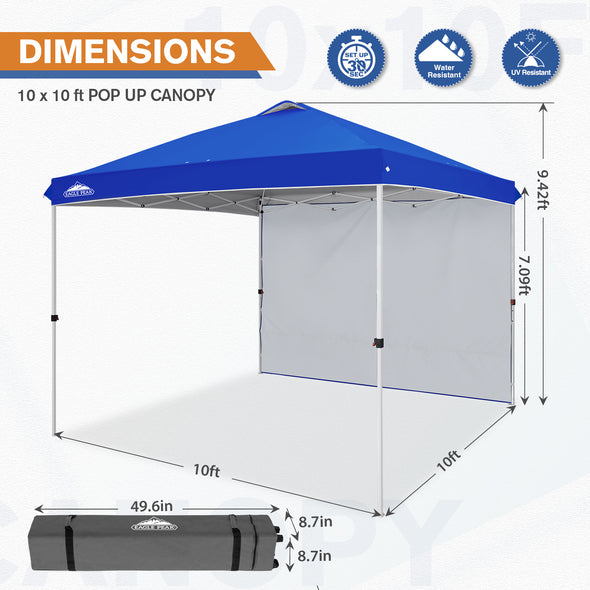EAGLE PEAK 10x10 Commercial Pop up Canopy Tent with One Detachable Sidewall, Instant Outdoor Folding Shelter with Wheeled Carry Bag, White/Blue/American Flag