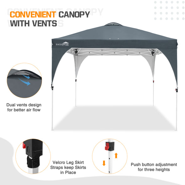 EAGLE PEAK 10x10 Outdoor Pop Up Canopy Tent, Portable Sun Shelter, Vented Top and Wheeled Carrying Bag, Blue/White/Gray