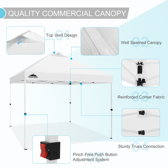 EAGLE PEAK 10x10 Commercial Ez Pop Up Canopy Tent Instant MarketPlace Canopies with Wheeled Roller Carry Bag, Bonus 4 Sand Bags, White
