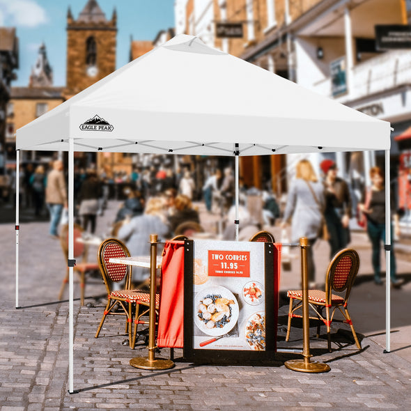 EAGLE PEAK 10x10 Commercial Ez Pop Up Canopy Tent Instant MarketPlace Canopies with Wheeled Roller Carry Bag, Bonus 4 Sand Bags, White