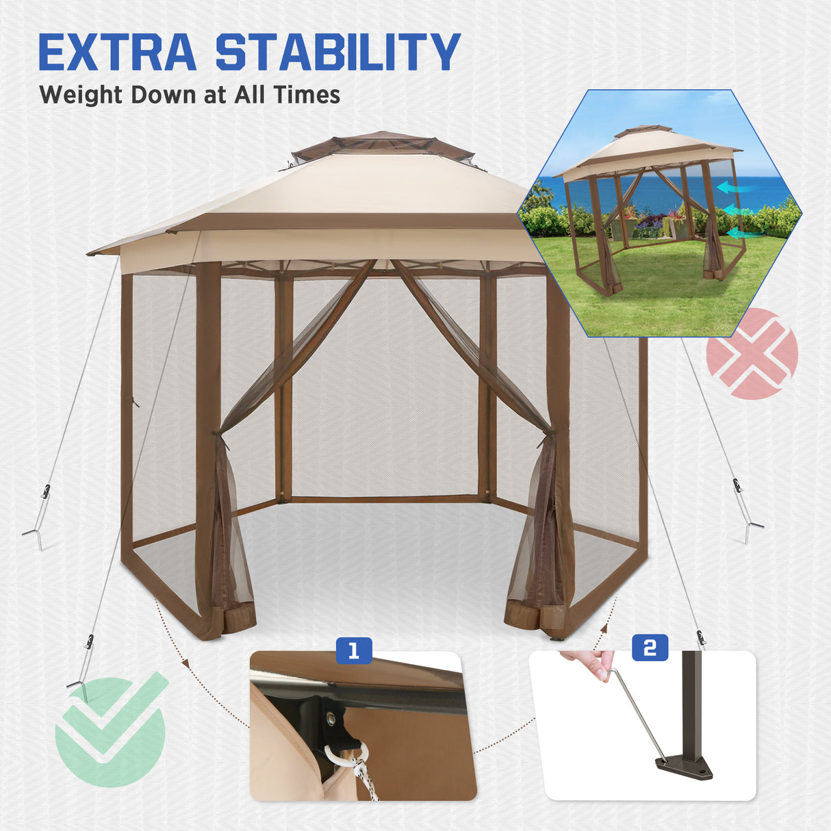 EAGLE PEAK 6-Sided Pop Up Gazebo w/Mosquito Netting, 13x13 Double-Tier Hexagonal Outdoor Canopy Tent for Patio, Garden, Party, Backyard, Beige