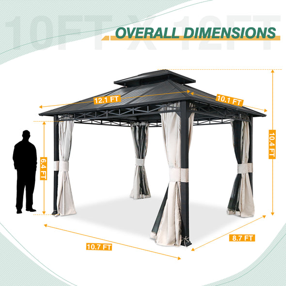 EAGLE PEAK 10x12 Outdoor Permanent Double Roof Hardtop Gazebo with Decorative Lattice Eave Steel Frame, Mosquito Mesh Netting and Light Beige Privacy Curtains, Backyard Patio Garden Gazebo Pavilion, Black