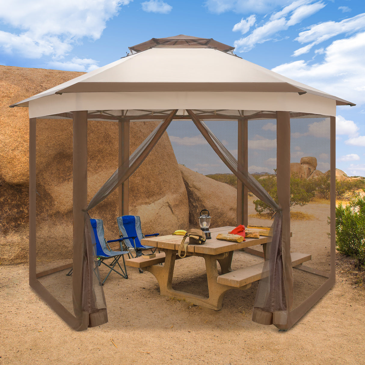 EAGLE PEAK 6-Sided Pop Up Gazebo w/Mosquito Netting, 13x13 Double-Tier Hexagonal Outdoor Canopy Tent for Patio, Garden, Party, Backyard, Beige