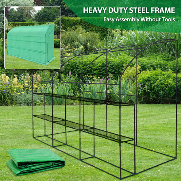 EAGLE PEAK 9.9x4.9x7.1 Outdoor Lean to Walk-in Greenhouse with Shelf, Gardening Wall Mounted Green House with Roll-up Zipper Entry Doors, Green