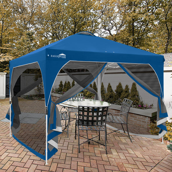 EAGLE PEAK 10x10 Outdoor Pop Up Canopy Tent, Pop Up Screenhouse, Portable Sun Shelter with Mosquito Netting, Vented Top and Wheeled Carrying Bag, Gray/White/Blue